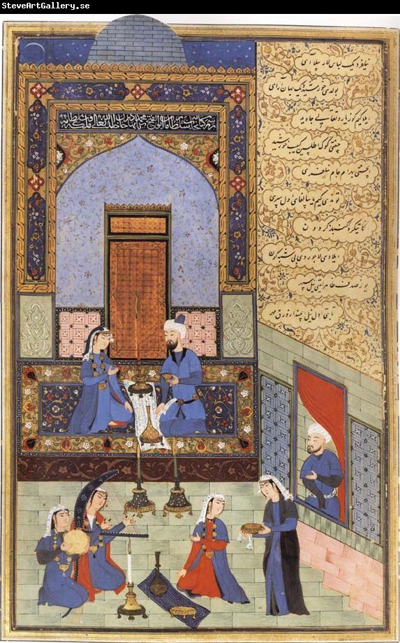 Ali She Nawat Prince Bahram-i-Gor,dressed in blue,listen to the tale of the Princess of the Blue Pavilion